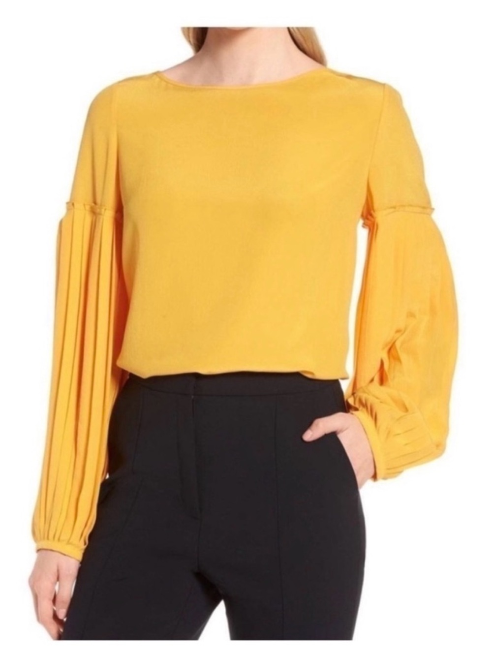Lewit Mustard Pleated Balloon Sleeve Blouse